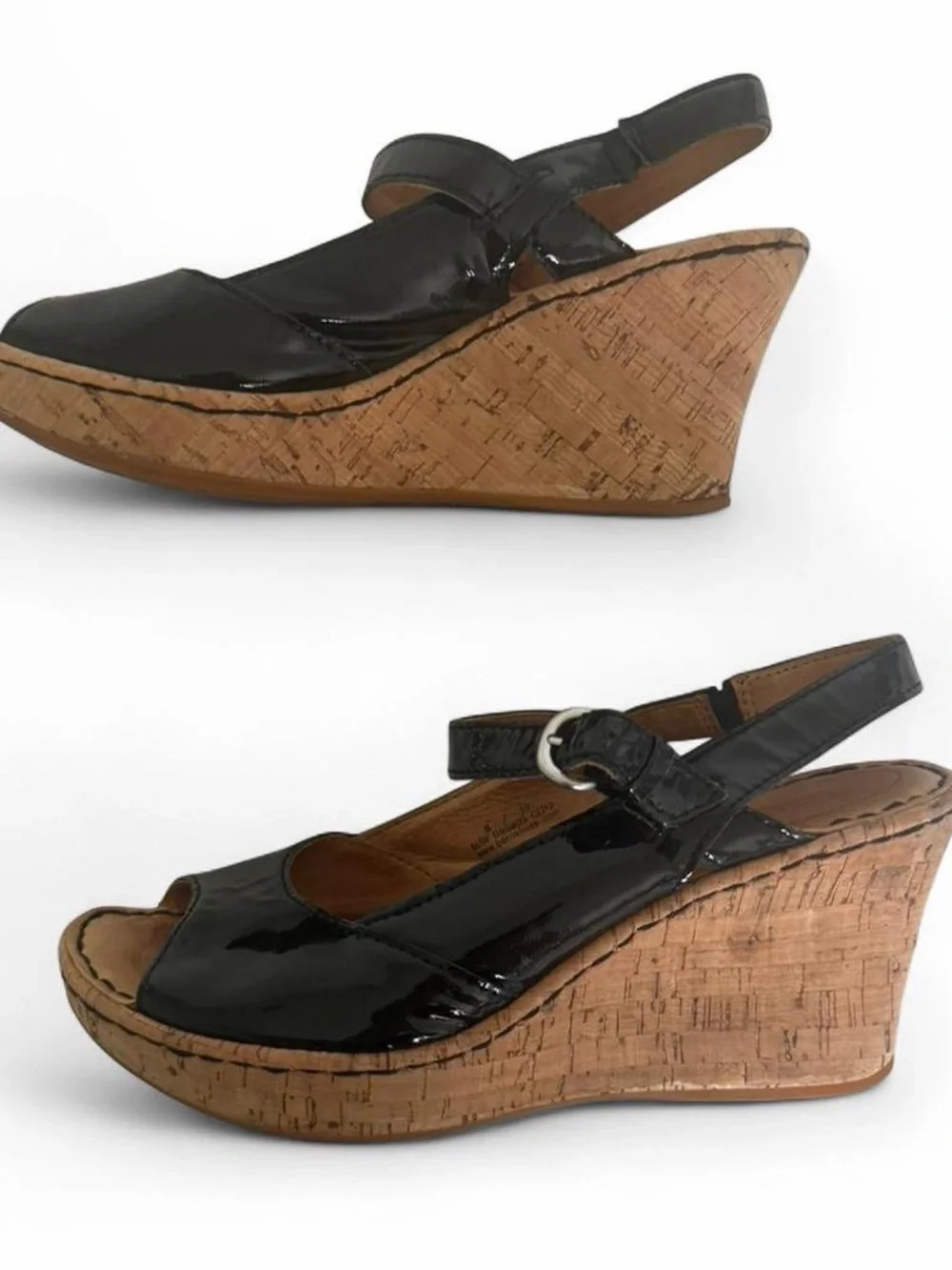 Born Black Patent Leather Cork Wedge Peep Toe Platform Sandals Size 8 Resortwear